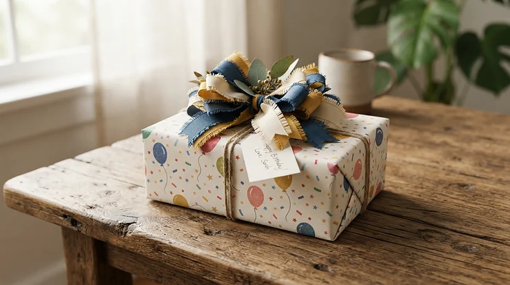 A wrapped gift box representing a fun craft kit for girls who like DIY projects on a decorated table.