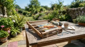 Portable supplies from a craft kit for girls who like DIY projects set up on a sunny back porch.