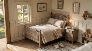 Wooden dollhouse with furniture for 4-6 year olds showing a detailed child's bedroom and tiny bed