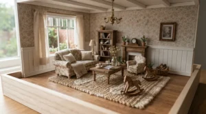 Cozy family room layout inside a modern dollhouse with furniture for 4-6 year olds