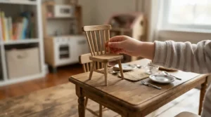 Close-up of small hands arranging tiny chairs in a dollhouse with furniture for 4-6 year olds