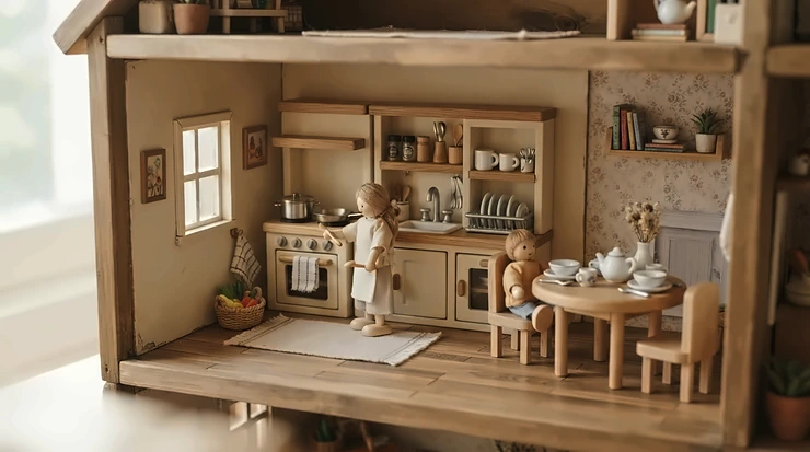 Dollhouse with furniture for 4-6 year olds displayed on a low shelf with a complete miniature kitchen set
