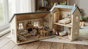 Open-ended imaginative storytelling inside a wooden dollhouse with furniture for 4-6 year olds