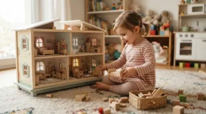 Young child engaging with a dollhouse with furniture for 4-6 year olds during independent creative playtime