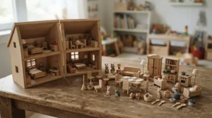 Starter collection of wooden pieces arranged next to a dollhouse with furniture for 4-6 year olds