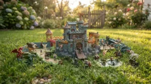 An affordable fantasy fairy tale themed playset set up outdoors on a grassy lawn for creative storytelling toys adventures.