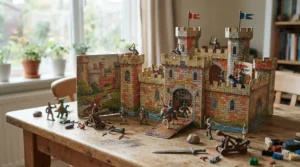 A budget fairy tale themed playset showing a folded cardboard castle backdrop with magical storytelling characters.