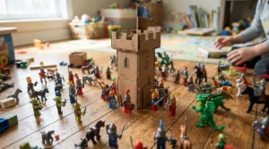 A budget fairy tale themed playset featuring a small cardboard castle tower and colorful figurines for narrative play.