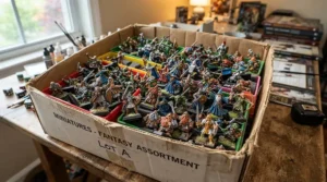 A colorful set of fairy tale figurines included inside a portable fairy tale themed playset storage box.