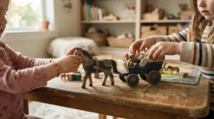 Children engaging in narrative play using a detailed fairy tale themed playset with royal coach and horse figures.