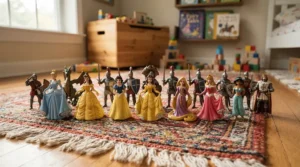 A storybook figurine fairy tale themed playset displayed on a child's bedroom rug for imaginative storytelling toys activities.