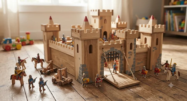 Wooden knights and castle playset for boys featuring towers, working drawbridge, and toy figures.