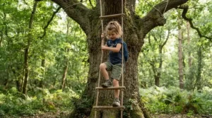 Boys climbing a heavy-duty rope ladder for ninja warrior backyard fun