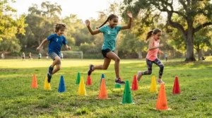 Boys practicing agility jumps with ninja warrior training hurdles and cones
