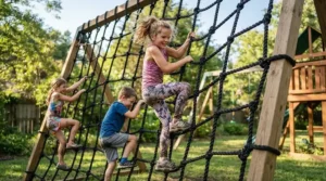 Children playing with a backyard ninja warrior obstacle course set designed for active boys