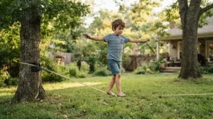 A boy balancing on a backyard ninja slackline kit with hanging obstacles