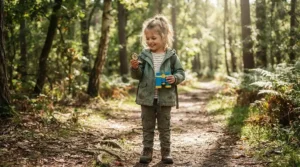 Young boy holding a compass and binoculars from his outdoor explorer kit for boys while hiking in the woods