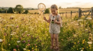 Boy using the butterfly net and bug viewer from an outdoor explorer kit for boys in a meadow