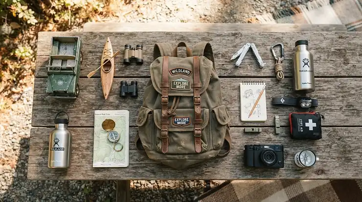 Complete outdoor explorer kit for boys neatly laid out on a wooden picnic table ready for a camping trip