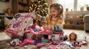 An exciting unboxing of a pretend beauty salon toy set for kids on a hardwood floor.