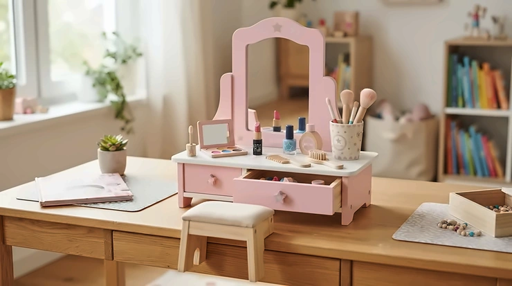 A complete pretend beauty salon toy set for kids arranged neatly on a bedroom vanity table.