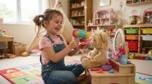 A happy child playing with a pretend beauty salon toy set for kids, styling hair with toy accessories.