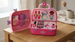 A portable carrying case containing a pretend beauty salon toy set for kids.