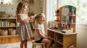 Two friends role-playing with a pretend beauty salon toy set for kids in the living room.