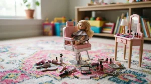 A toy salon chair and accessories included in a pretend beauty salon toy set for kids.