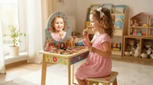 A colorful pretend beauty salon toy set for kids featuring a vanity mirror and play makeup.