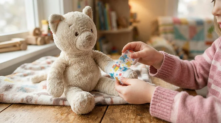 Child wrapping a soft bandage with a pretend vet clinic toy set for animal lovers on a plush kitty