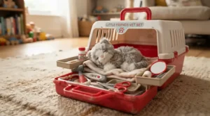 Portable pretend vet clinic toy set for animal lovers packed neatly inside a colorful medical carrier