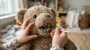 Performing a dental exam using a pretend vet clinic toy set for animal lovers on a stuffed bear