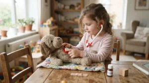 A child using a pretend vet clinic toy set for animal lovers to check a plush puppy's heartbeat