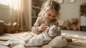 Feeding a baby plush pet with medicine dropper from a pretend vet clinic toy set for animal lovers