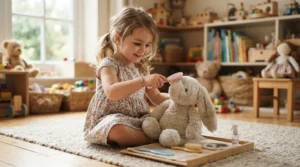 Toddler playing with a pretend vet clinic toy set for animal lovers featuring grooming accessories