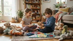 Siblings sharing a pretend vet clinic toy set for animal lovers to care for multiple stuffed pets