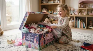 A child exploring a princess dress up set vs individual costume pieces during an exciting playroom trunk unboxing session.