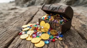 Treasure hunt toy set for boys featuring toy gold coins and a plastic chest