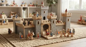 Durable wooden toy castle and knights designed for imaginative play and storytelling.