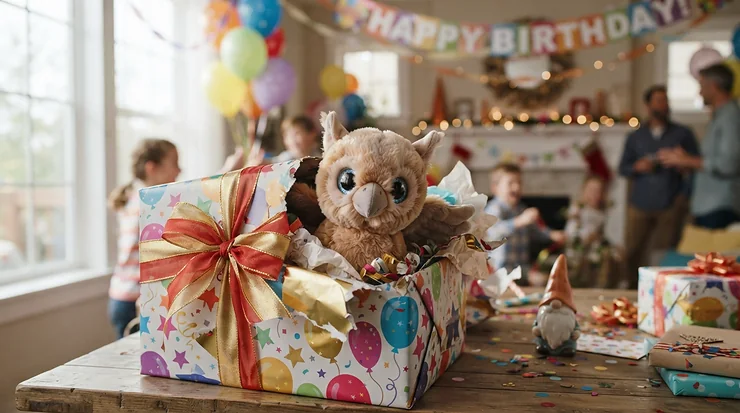 An affordable unicorn plush toy wrapped with a bright pink ribbon as a birthday present.