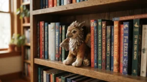 A budget unicorn plush toy sitting on a wooden shelf next to children books and blocks.