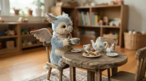 A cute unicorn plush toy seated at a small wooden table during a pretend tea party.