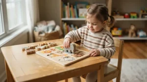 Toddler fitting animal pieces into a peg puzzle, popular among educational toys for 2 year olds.