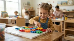 Child turning plastic interlocking gears, demonstrating engaging educational toys for 2 year olds.