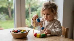 Toddler threading large wooden beads onto a string as fine motor educational toys for 2 year olds.