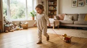 Child pulling a wooden animal toy across the living room with educational toys for 2 year olds.