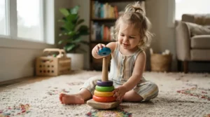 Child playing with a rainbow stacking ring tower as part of educational toys for 2 year olds.