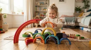 Toddler building a bridge with arched blocks, highlighting open-ended educational toys for 2 year olds.