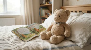 A fluffy unicorn plush toy propped up against pillows while watching a child read a story.